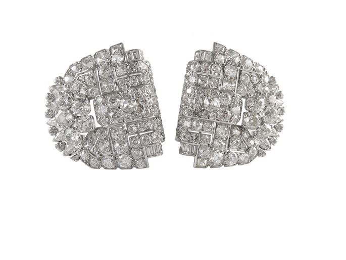 Pair of Art Deco diamond cluster half-moon clip brooches by Cartier, London, | MasterArt